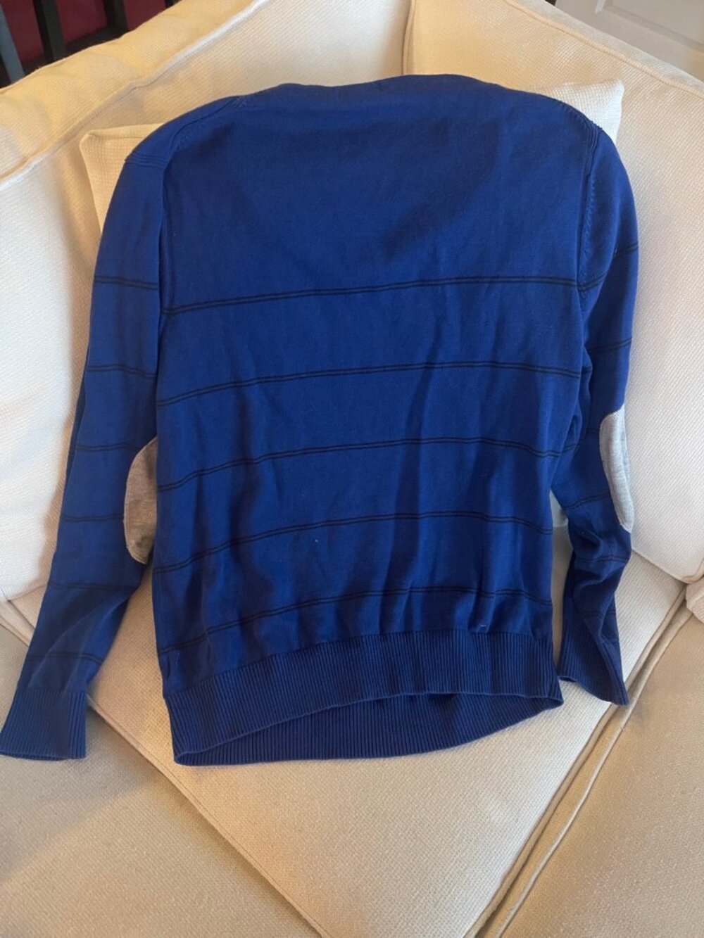 Izod Men's Blue Striped V-Neck Sweater Gray Elbow Patches Sz M $70 Retail